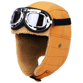 Lapset Pilot Cap, Fumofu Flying Hat, Flight Cap, Climbing Hat, Thermal Hat, Fleece-Lined, Stylish, Unisex, With Goggles, No Goggles, 4 Colors, Camel with Goggles, 59 cm