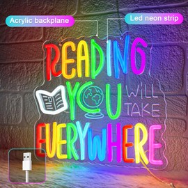 Sneignon Reading Will Take You Everywhere Neon Sign,School Led Sign,Read Neon Signs for Wall Decor Inspirational Letter Led Sign Dimmable Classroom Neon Lights for Bedroom Dorm Library Bookstore