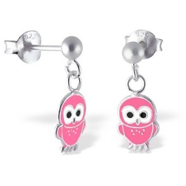 Pink Owl Dangling Earrings - 925 Sterling Silver