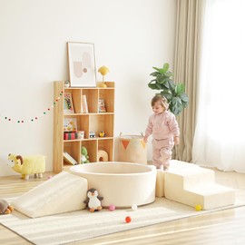 Tiita Climbing Toys with Ball Pit for Toddlers, 4-Piece Kids Foam Climbing Blocks for Baby 1-3, Activity Soft Climb and Crawl Playset Indoor Playground, Beige (Balls not Included)