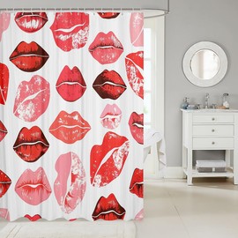 jejeloiu Kiss Shower Curtain for Kids Boys Girls Lipstick Print Bathroom Shower Curtain Set 72"x72" Feminine Red Lips Bath Curtain The Lovers' Day Kids Bathroom Accessories