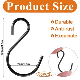 Aiyorse 60 Pack Stainless Steel S Hanger,Heavy Duty S Hooks Black S Shaped Hooks Pot Rack Closet Hooks for Hanging Plants Clothes Kitchen Utensil Pots Pans Bags Mugs Towels 1.5 × 1 Inch (Black)