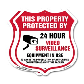 Video Surveillance This Property Protected By 24 Hour Video Surveillance Equipment In Use To Aid In The Prosecutution (2 Pack) 6 inch X 6 inch Shield Shaped Commercial Grade Plastic Signs