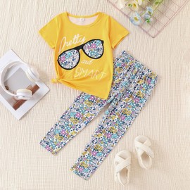 4-7T Kids Toddler Girls Print Outfits Short sleeved Flower Printed Top+Flower Print Pants Set(4-5T)