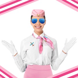 Bencailor 6 Pcs Christmas Women Flight Attendant Costume Accessories Stewardess Outfits Bellhop Hat Sunglasses Scarf Gloves(Pink)