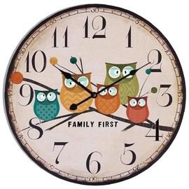 24 Inch Wooden Cute Wall Clocks,Large Vintage Silent Wall Clock With Five Little Owls,Battery Operated Retro Non-ticking Wall Clock for Kid's Room Living Room Kitchen Bedroom School Home Decorative