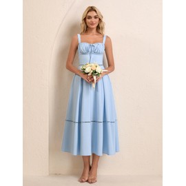 KUTUMAI Floral Corset Midi Dress Lace Up Cutout Flowy Summer Wedding Guest Dresses for Women Sundress with Pockets Blue L