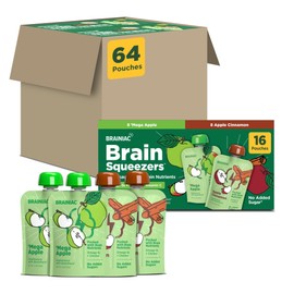 Brainiac Applesauce Variety Pack Pouches, Apple & Apple-Cinnamon, Unsweetened Applesauce with Vitamin C, Omega-3s & Choline, 64 Count, 3.2 oz