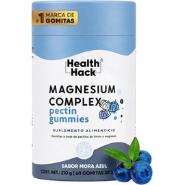 Magnesio Complex 6 Formas Bisglicinato Citrato Gomitas Health Hack 210 g, 60 gomitas, sabor mora azul, 6 formas de magnesio, vitamina B6 y D3, acerola, vegano, sin azúcar, sin gluten