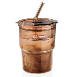CeleVista 13 oz Glass Tumbler with Straw Lid, 400ml Iced Coffee Cup, Insulated Water Glass Cups for Cold & Hot Drink, Tea, Matcha (Amber)