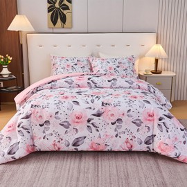 Koniroom Pink and White Floral Comforter Set Queen Size - 3 Piece Watercolor Rose Bedding for Women Teen Girls, Soft Microfiber Lightweight Comforter with Pillow Shams
