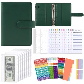 JUNART A6 Budget Binder with Cash Envelopes, Money Saving Binder Budget Wallet with Cash Binder Pocket, Budget Planner, Stickers, Budget Book for Teenager Student Adult (Dark Green)