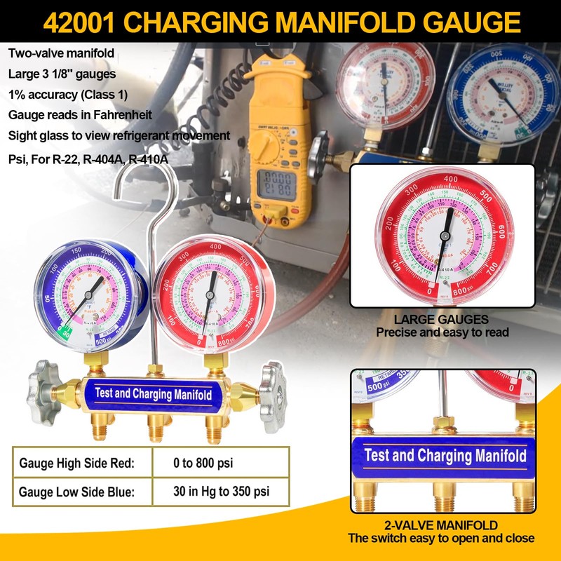 YMT 42001 Charging Manifold and Test, 2-Valve, A/C Manifold Gauge,