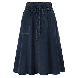 KANCY KOLE Women High Waisted Denim Skirt Midi Length Casual Jean Skirts Flared Summer Maxi Skirt with Pockets Dark Blue L