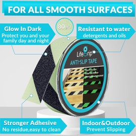 LifeGrip Anti Slip Traction Tape with Glow in Dark Green, 2 Inch x 38 Feet - Best Grip, Friction, Abrasive Adhesive for Stairs, Tread Step, Indoor and Outdoor, Green/Black (2 inch X 38 feet)