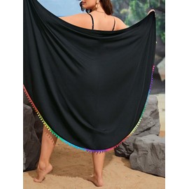 SOLY HUX Swim Cover Up for Women Plus Size Tassel Trim Wrap Spaghetti Strap Dress Swimsuit Bathing Suit Solid Black 2XL