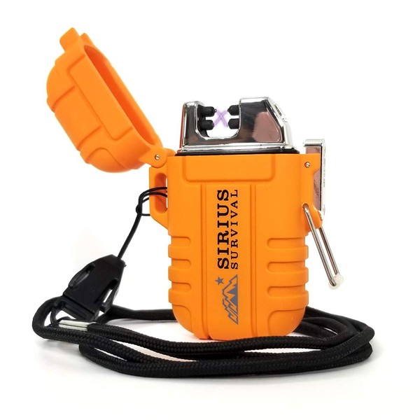 Sirius Survival ZeuX Electric Plasma Lighter, USB Rechargeable Windproof Waterproof Dual Arc Lighter with Lanyard for Survival/Outdoor/Camping Adventures (Orange)