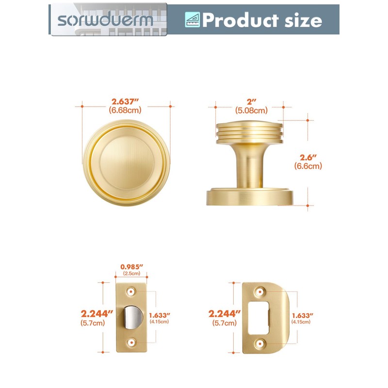 SORWDUERM 2 Pack Gold Door Knob Passage Door Knobs Brushed