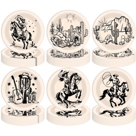 SYUCVQI 60 Pcs Western Paper Plates, 7 inch Printed Western Cowboy Party Plates for Wild West Decorations, Disposable Rodeo Bachelorette Themed Tableware for Cowgirl Birthday Party Supplies