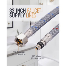 Faucet Supply Lines, WOWOW 32" Bathroom Sink Faucet Hose, Braided Nylon cUPC Supply Lines 3/8" Female Compression Thread × M8 Male Connector,Stainless Steel Braided Supply Line(1 Pair)