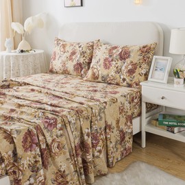 FADFAY Sheets Set Cal King Tan Peony Floral Bed Sheet Set Vintage Farmhouse Bedding 100% Cotton Breathable Bedding with Deep Pocket Fitted Sheet 4Pcs, California King Size