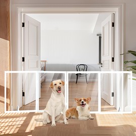 Foreng Clear Acrylic Pet Gate, 96" W×31" H Freestanding Dog Gate Foldable Wooden Transparent Dog Gate Fence Indoor for Doorways Stairs and House 4 Panel White