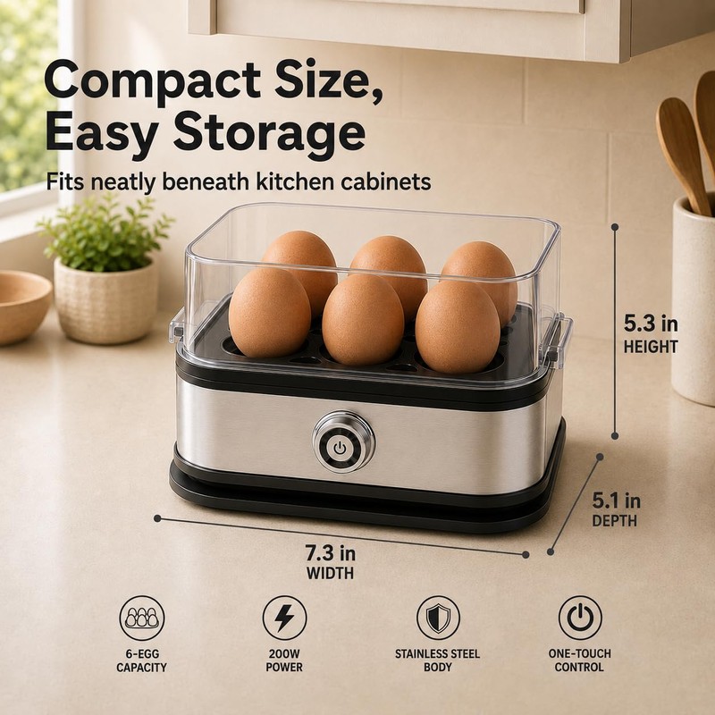 6-Egg Electric Egg Cooker, Stainless Steel Body, Auto Heat Shut-Off