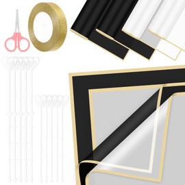 Glarks 52pcs Flower Wrapping Paper Set, Including 40 Sheets White and Black Waterproof Bouquet Wrapping Paper, 10pcs Floral Pick Card Holder, 1 Roll Tape and 1 x Pink Scissors for Flower Shop