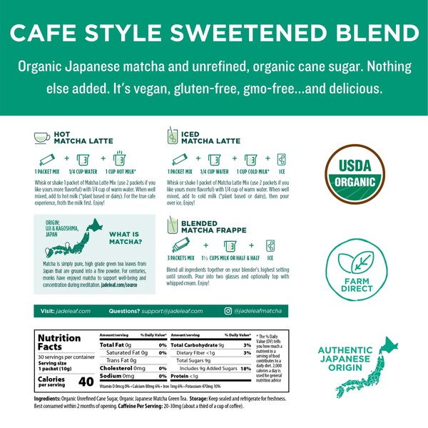 Jade Leaf Organic Matcha Latte Mix - Cafe Style Sweetened Blend - Sweet Matcha Green Tea Powder - 30ct Single Serve Stick Packs