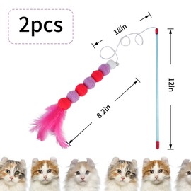 Andiker Cat Feather Toys, 2PCS Cat Wand Toys with Bell and Plush Balls, Colourful Interactive Kitten Teaser Toy for Cat Indoor Playing Exercising Training (Red + Yellow)