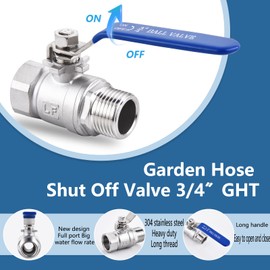 SNUTUYA Garden Hose Shut Off Valve Full Flow, Heavy Duty 3/4"GHT Garden Hose Ball Valve ，Lead-free 304 Stainless Steel No Restricted-Flow Water hose shut off valve，Long Handle