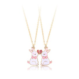 Niaspi 2Pcs Rabbit Magnetic Necklaces for Women Girls Friends Cute Creative Enamel Bunny Rabbits Necklaces Dainty Love Heart Bowknot Pink White Pendant Chain Necklaces Birthday Valentine Jewelry BFF
