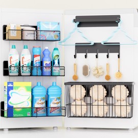 Kmise 6-Pack Magnetic Shelves for Washing Machine & Refrigerator, Heavy-Duty Laundry Organizer with Hanger Holder & Deep Baskets, Metal Storage System for Laundry Room (Black)