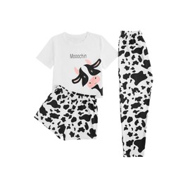 WDIRARA Women's 3 Piece Sleepwear Cow Print Short Sleeve Round Neck Tee Top and Shorts Pajamas Set with Pants, Multicolored, X-Large