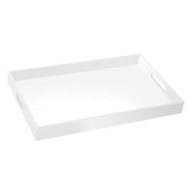 18×16 Inch Glossy White Acrylic Serving Tray with Handles Extra Large Ottoman Tray Decorative Tray Spill-Proof Coffee Table Space Saver Oversize Counter top Organizer Platter with Safe Edge