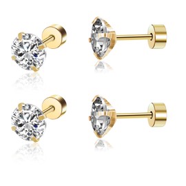 2 Pairs of Titanium Women's Flat Earrings Set Stainless Steel Hypoallergenic Cartilage Flatback Earring Zirconia Stud Earrings for Tragus Spiral Ear Piercing Flat Back Earrings Gold, Titanium