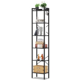 ZERDER 6 Tier Bookshelf,Book Shelf, Bookcase with 6 Shelves and 2 Hooks, Storage Rack Organizer, Corner Wood Storage Shelf with Metal Frame (Black)