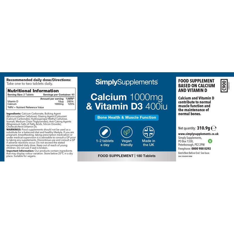 Calcium 1000mg & Vitamin D3 400iu | Supports Bone &