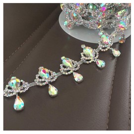 1 Yard Crystal AB Fringe Rhinestone Chain Bridal Applique Beaded Trim Silver/Gold (Crystal AB - Silver Base)