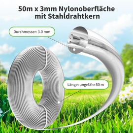 OMECO Trimmer Line, 3 mm, Grass Trimmer, Replacement Thread, Trimmer, Brush Cutter Thread for Brushcutter, Park, Garden, Lawn, Grass Rounds with Steel Wire Core, Nylon Thread, 50 m