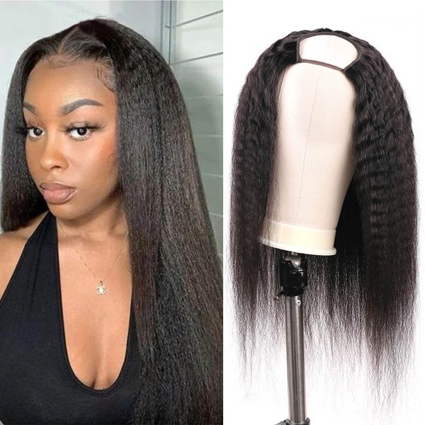 Huarisi 20 Inch Kinky Straight Upart Wig Human Hair Natural Yaki Hair Wig Brazilian Hair Wigs with U Shape Natural Colour 150% Density No Lace Middle Part Opening Clip in Wig
