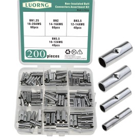 LUORNG 200PCS Tinned Copper BN Series Intermediate Butt Terminals Set Non Insulated Butt Connector Electrical Seamless Crimp Terminals Suitable for Machinery and Home Appliances Wiring Connection