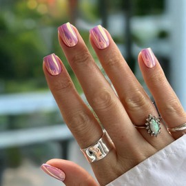 Pink Chrome Square Press on Nails Short,SXVME Metallic Fake Nails Acrylic Nails Press ons,Mirror Metal Chrome Nails Glue on Nails Short,Short Coffin Nails False Nails in 24 PCS