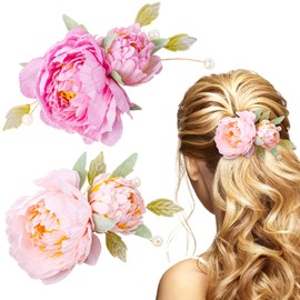 HINZIC 2pcs Flower Hair Clip for Women Girls, Non-Slip Vintage Pearl Floral Brooch, 2 in 1 Silk Flower Hair Barrettes Buns Holder Accessories for Party Wedding Decor- Pink & Red