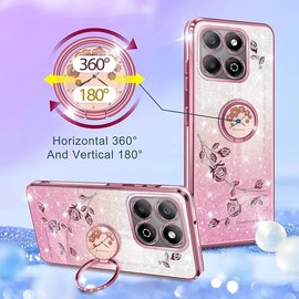 YUECXIN Glitter Case for Honor X6b 4G, Bling Shiny diamond Sparkle Design Women Girls Cover, Ultra Thin Shockproof Flowers Ring Stand Soft Transparent Case, Purple