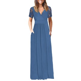 AUSELILY Dresses for Women 2026 Elegant Classy Lace Short Sleeve V Neck Wrap Long Summer Dress with Pockets Beja Blue XL