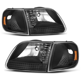 oEdRo Halogen Headlights Assembly w/Corner Parking Set Compatible with 1997-2003 Ford F150 / Expedition Headlamps Black Housing Driver and Passenger