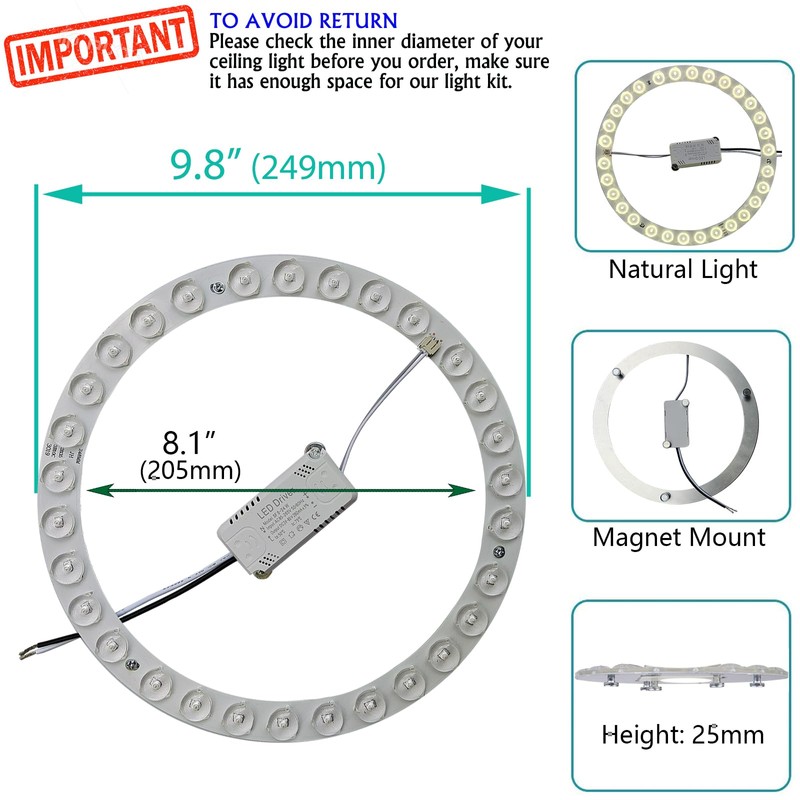 Zhairdalstar 24W LED Flush Mount Ceiling Fan Ring Light Kit