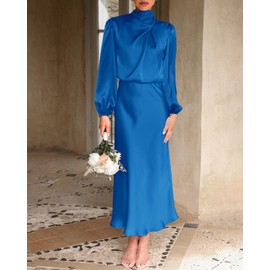 BTFBM Womens Mock Neck Satin Dress 2025 Summer Spring Long Sleeve High Waist Wedding Party Maxi Formal Cocktail Dresses(Brilliant Blue, Small)