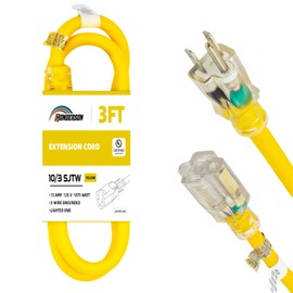 HONDERSON Extension Cord Weatherproof with Lighted End, UL Listed, 10 Gauge 3FT Yellow 3 Prong Heavy Duty, 10/3 SJTW 15A Power Cord for Lights, Lawn